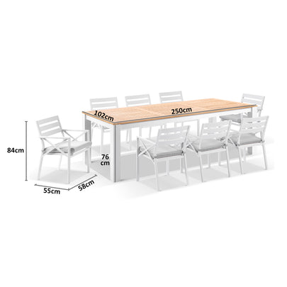 Balmoral 2.5m Teak Top Aluminium Table with 8 Kansas Dining Chairs