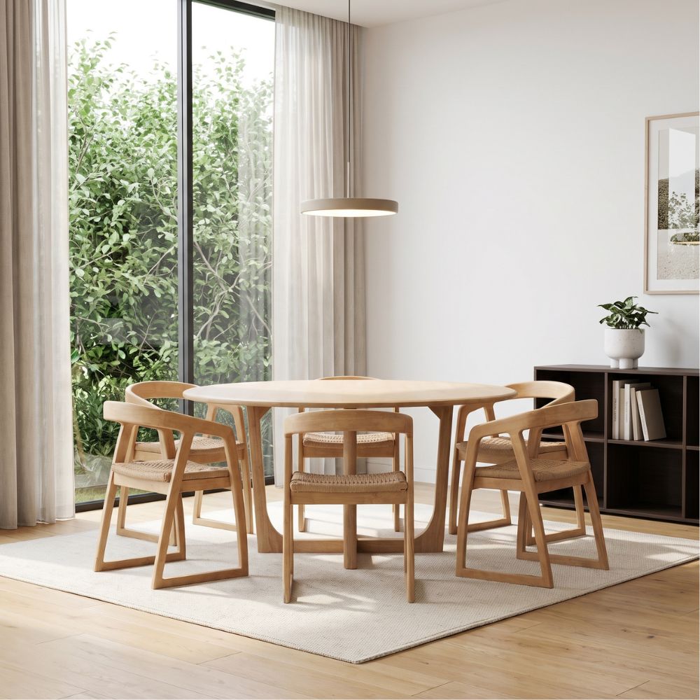 Bateau Bay 1.6m Round Indoor Timber Table with 6x Kingscliff Dining Chairs
