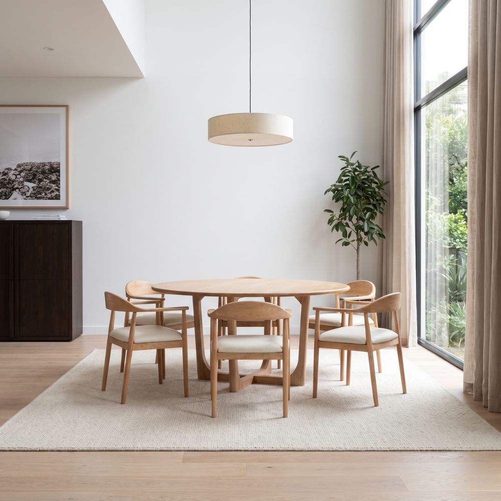 Bateau Bay 1.6m Round Indoor Timber Table with 6x Esperance Dining Chairs