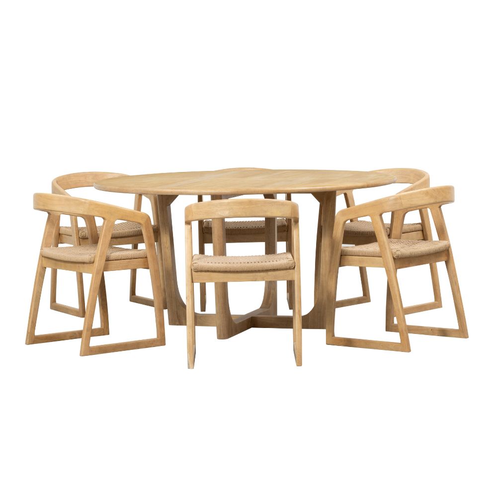 Bateau Bay 1.6m Round Indoor Timber Table with 6x Kingscliff Dining Chairs