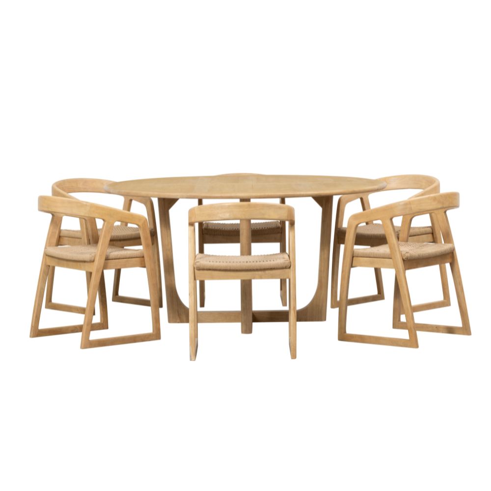 Bateau Bay 1.6m Round Indoor Timber Table with 6x Kingscliff Dining Chairs