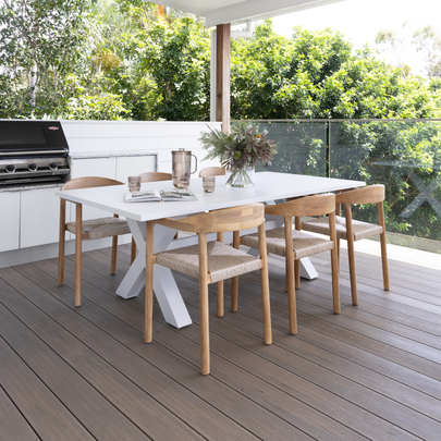 Tahitian 2.1m Aluminium Dining Table with 6 x Kotara Timber and Rattan Chairs