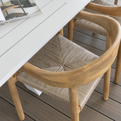 Tahitian 2.1m Aluminium Dining Table with 6 x Kotara Timber and Rattan Chairs