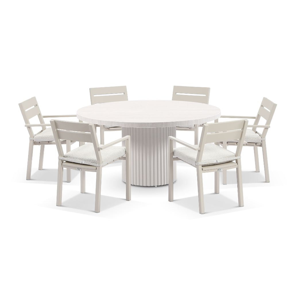 Curl Curl Outdoor 1.5m Round Ceramic and Aluminium Dining Table with 6 x Santorini Chairs