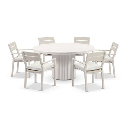 Curl Curl Outdoor 1.5m Round Ceramic and Aluminium Dining Table with 6 x Santorini Chairs