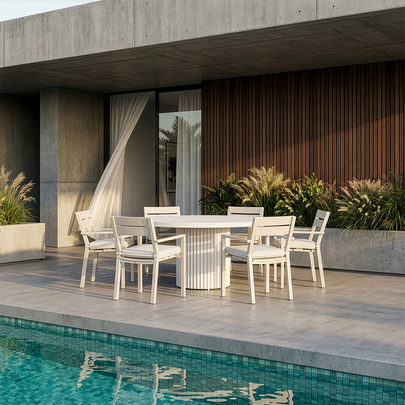 Curl Curl Outdoor 1.5m Round Ceramic and Aluminium Dining Table with 6 x Santorini Chairs