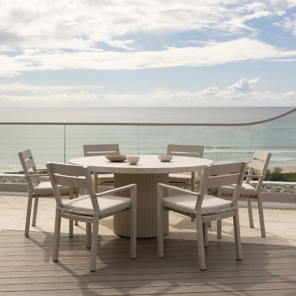 Curl Curl Outdoor 1.5m Round Ceramic and Aluminium Dining Table with 6 x Santorini Chairs