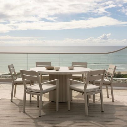 Curl Curl Outdoor 1.5m Round Ceramic and Aluminium Dining Table with 6 x Santorini Chairs