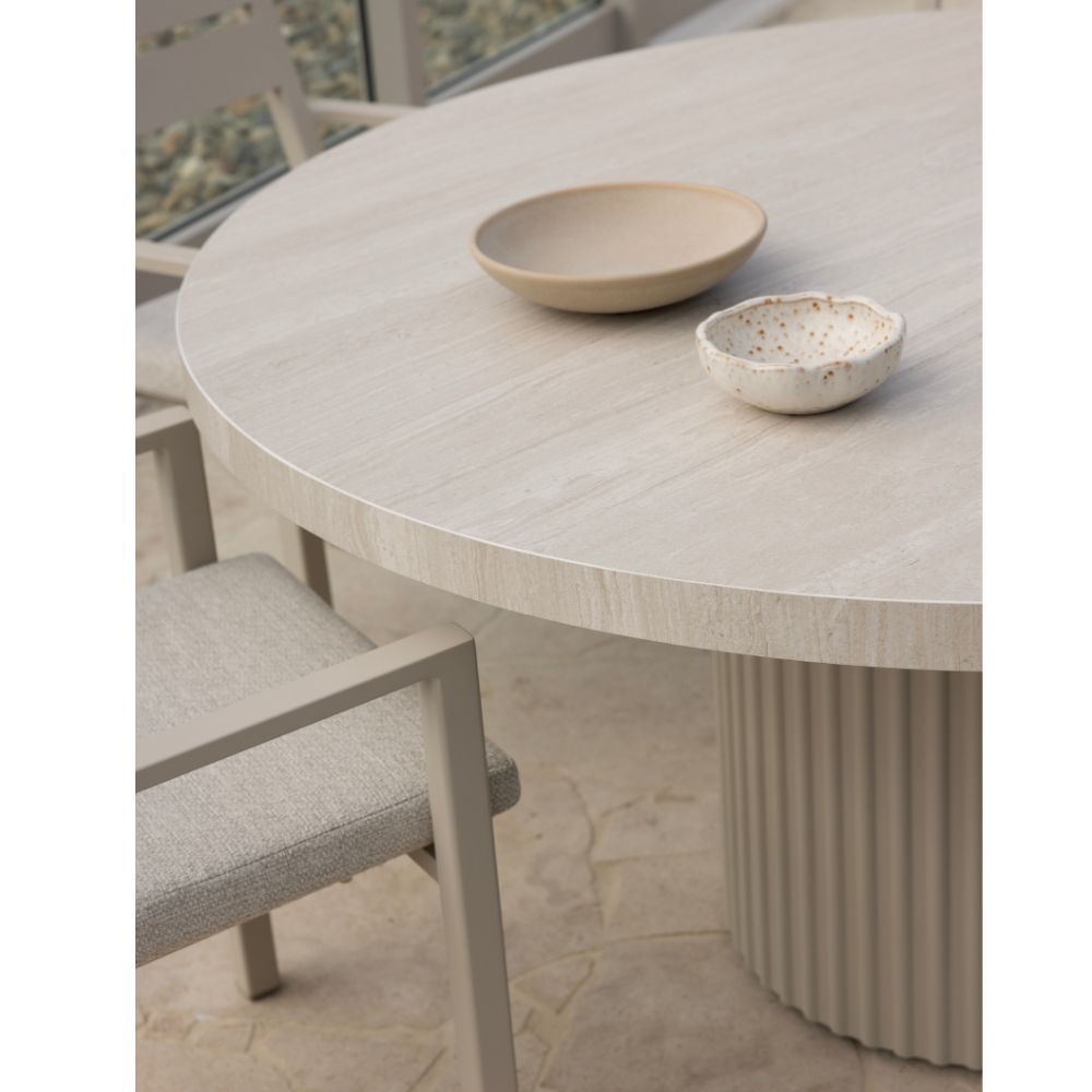 Curl Curl Outdoor 1.5m Round Ceramic and Aluminium Dining Table with 6 x Santorini Chairs
