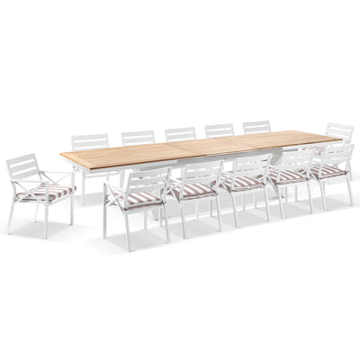 Austin Outdoor 3m - 3.8m Extension Teak and Aluminium Table with 12 Kansas Dining Chairs in Sunbrella