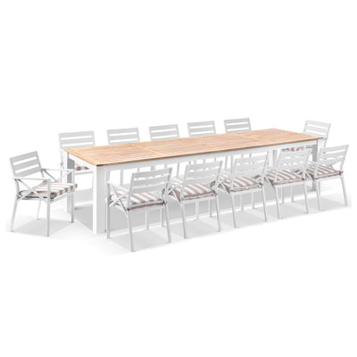 Balmoral 3.55m Teak Top Aluminium Table with 12 Kansas Dining Chairs with Sunbrella Cushions