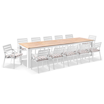 Balmoral 3.55m Teak Top Aluminium Table with 12 Kansas Dining Chairs with Sunbrella Cushions