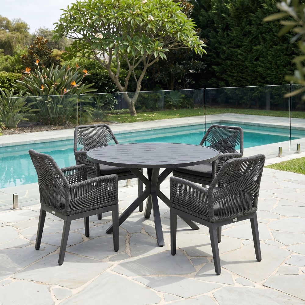 Houston Outdoor 1.2m Round Aluminium Dining Setting with 4 Hugo Chairs