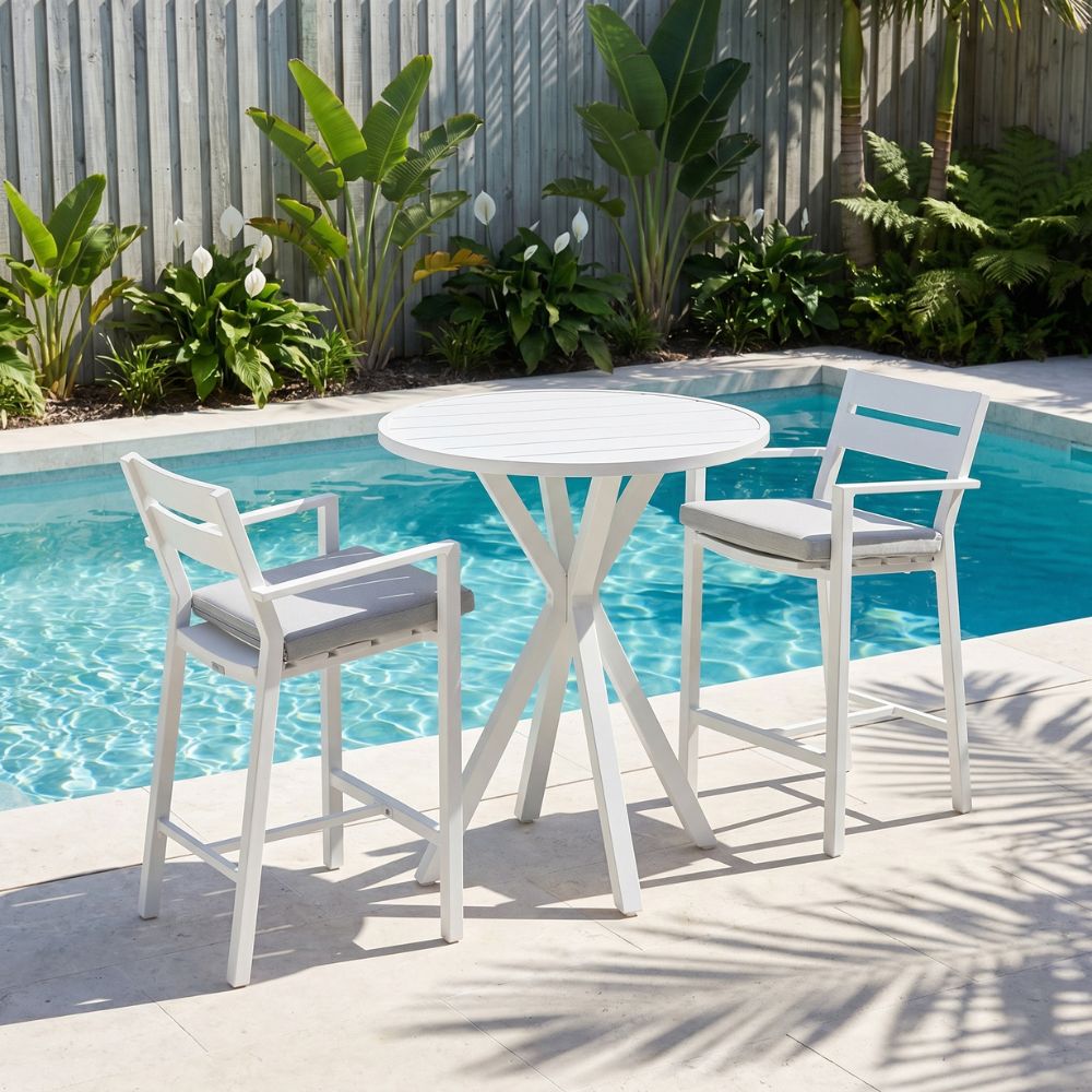 Houston Outdoor 90cm Round Aluminium Bar Table with 2 Santorini Bar Stools