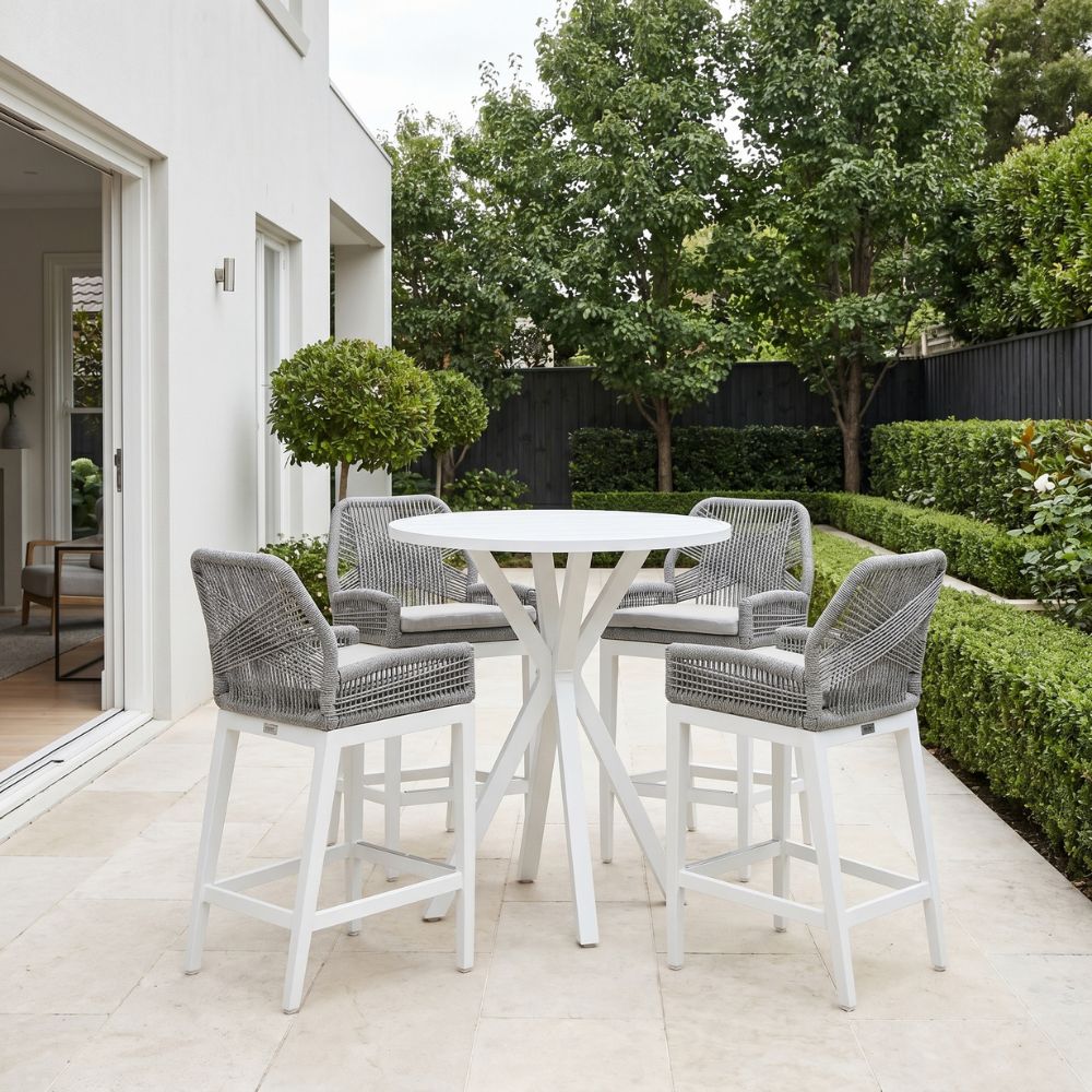 Houston Outdoor 90cm Round Aluminium Bar Table With 4 Hugo Bar Stools