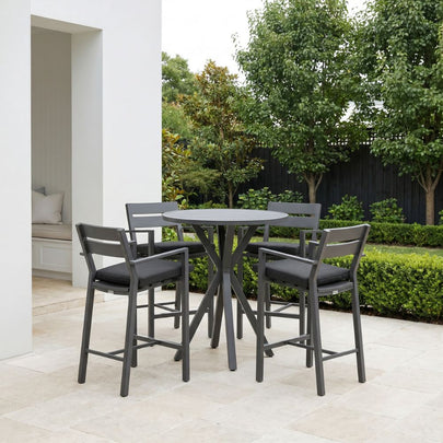 Houston Outdoor 90cm Round Aluminium Bar Table with 4 Santorini Bar Stools
