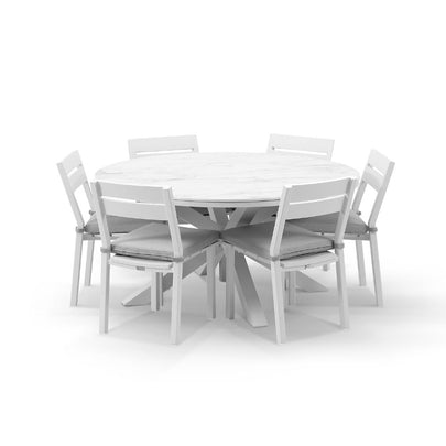Hugo 1.5m Outdoor Round Aluminium and Ceramic Table with 6 Santorini Armless Dining Chairs