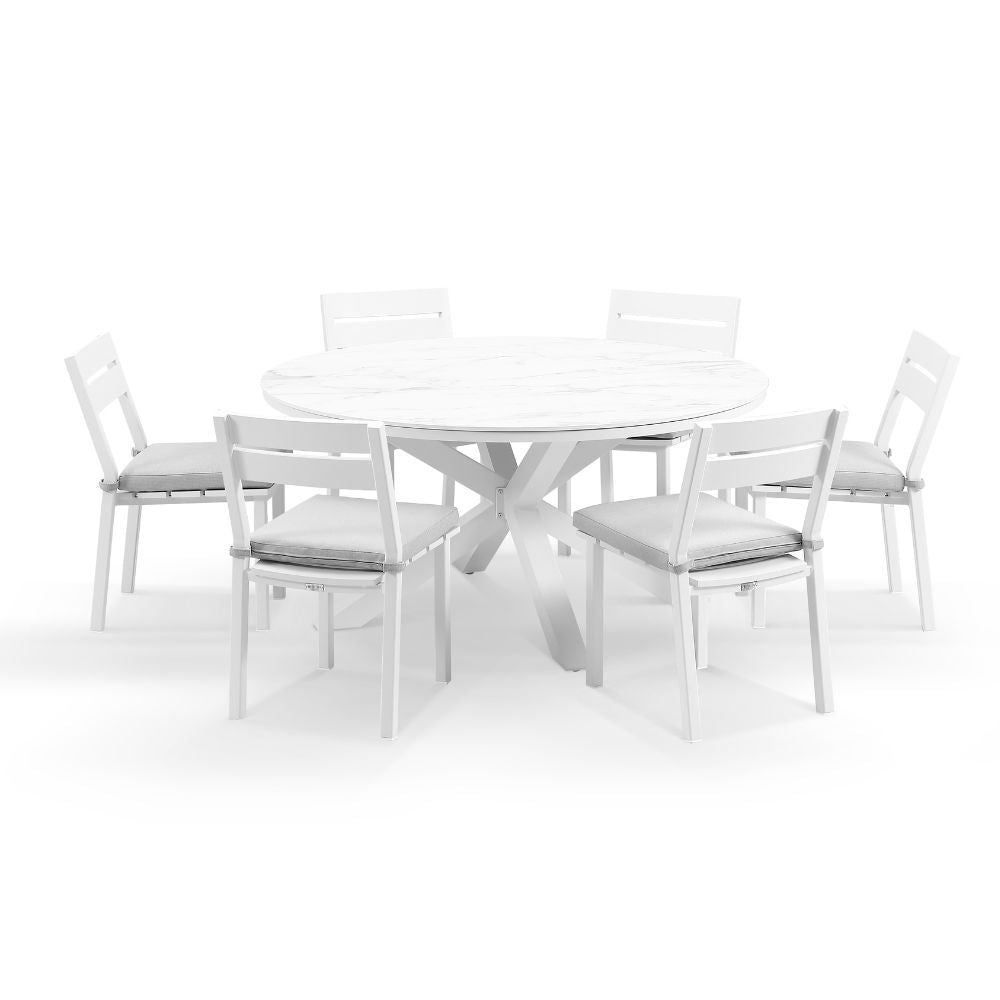 Hugo 1.5m Outdoor Round Aluminium and Ceramic Table with 6 Santorini Armless Dining Chairs