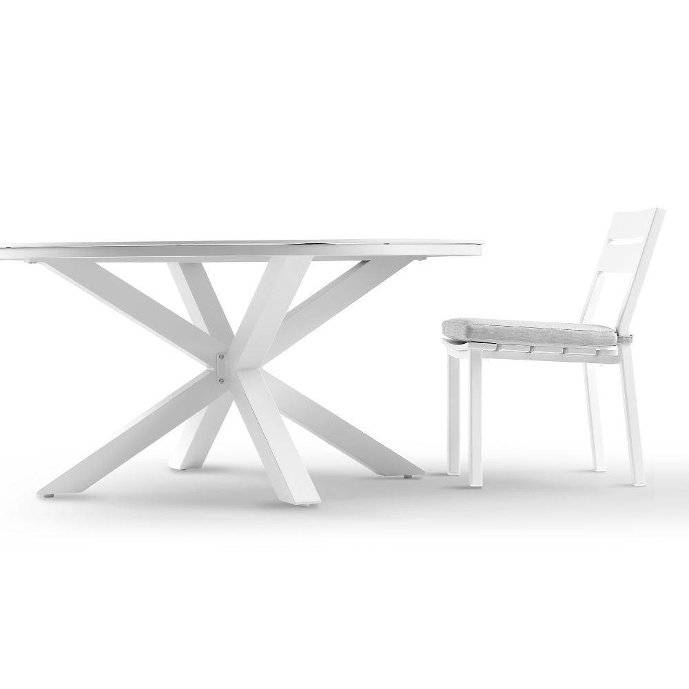 Hugo 1.5m Outdoor Round Aluminium and Ceramic Table with 6 Santorini Armless Dining Chairs