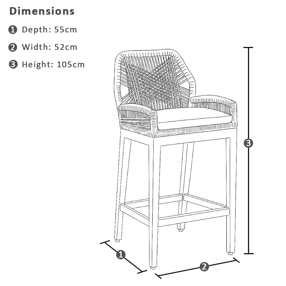 Hugo Outdoor Ceramic 2m Rectangle Aluminium Bar Table with 6x Hugo Rope Bar Stools