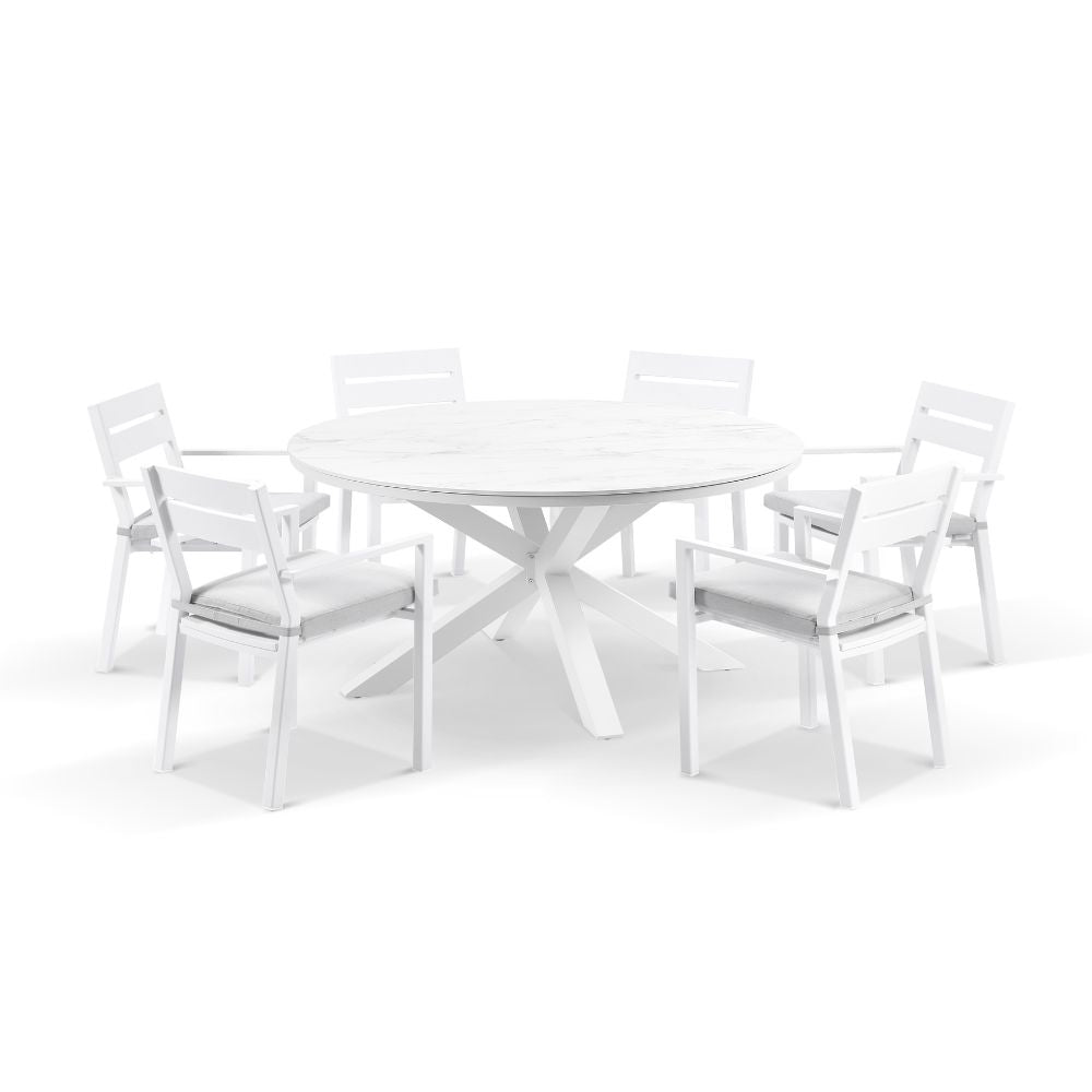 Hugo 1.5m Outdoor Round Aluminium and Ceramic Table with 6 Santorini Dining Chairs