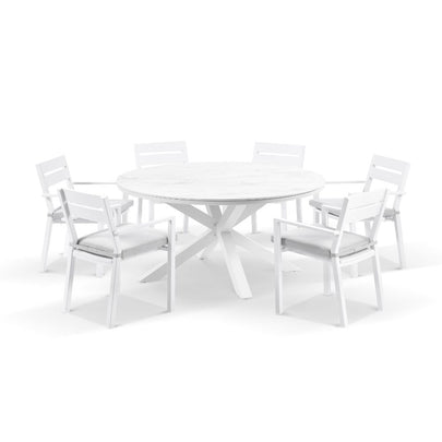 Hugo 1.5m Outdoor Round Aluminium and Ceramic Table with 6 Santorini Dining Chairs