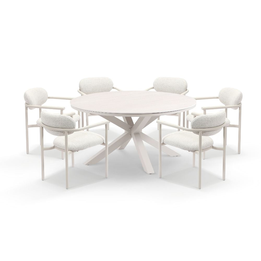 Hugo 1.5m Outdoor Round Aluminium and Ceramic Table with 6 Aria Dining Chairs