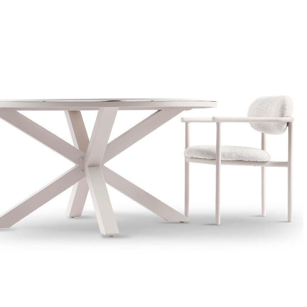 Hugo 1.5m Outdoor Round Aluminium and Ceramic Table with 6 Aria Dining Chairs