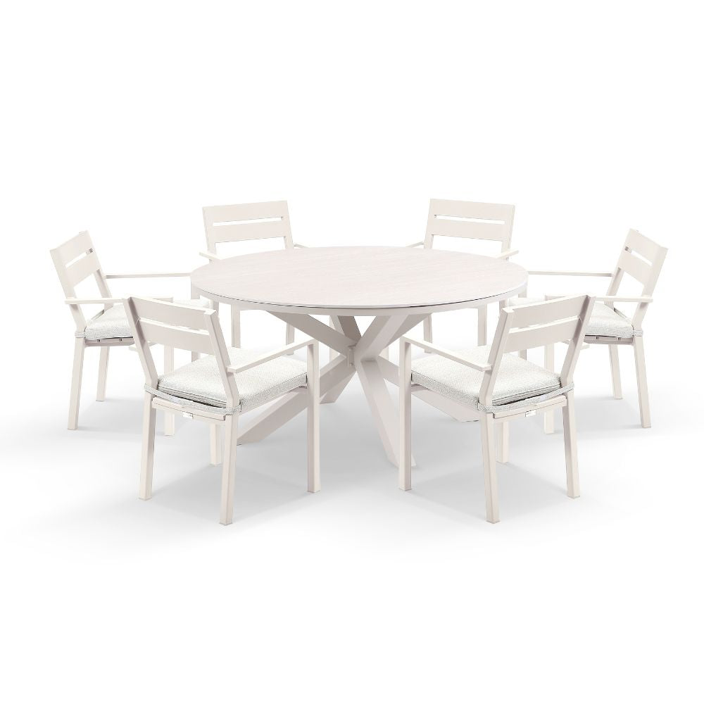 Hugo 1.5m Outdoor Round Aluminium and Ceramic Table with 6 Santorini Dining Chairs