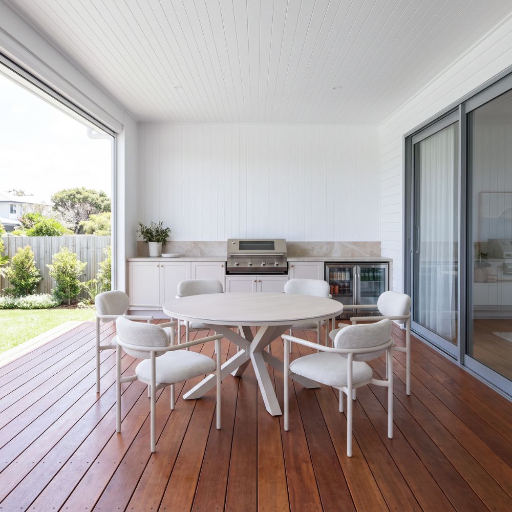 Hugo 1.5m Outdoor Round Aluminium and Ceramic Table with 6 Aria Dining Chairs