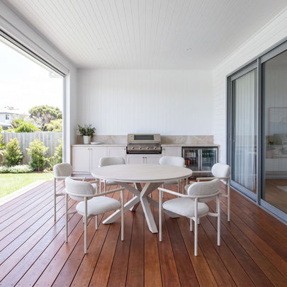 Hugo 1.5m Outdoor Round Aluminium and Ceramic Table with 6 Aria Dining Chairs