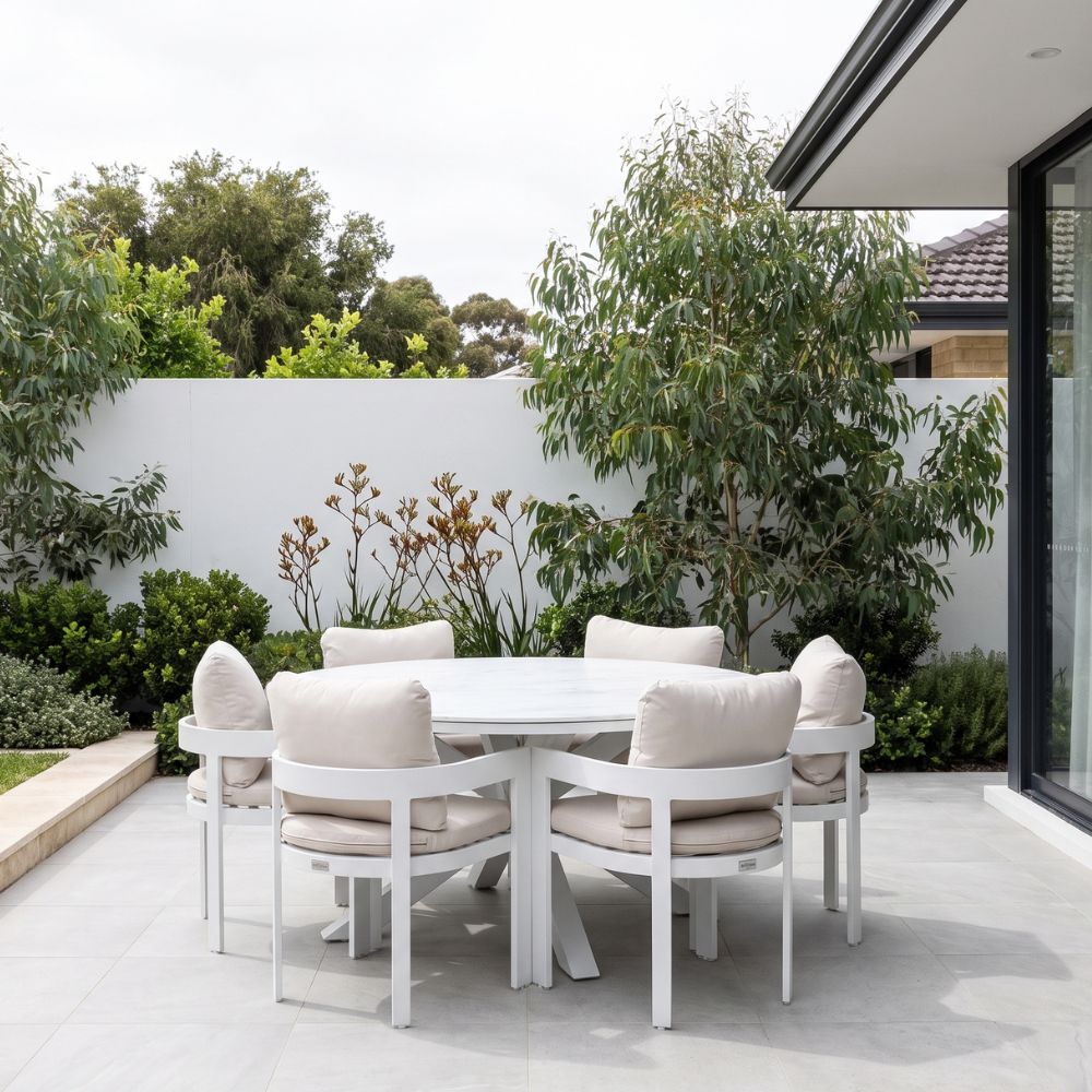 Hugo 1.5m Outdoor Round Aluminium and Ceramic Table with 6 Marlo Dining Chairs