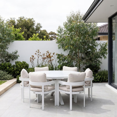 Hugo 1.5m Outdoor Round Aluminium and Ceramic Table with 6 Marlo Dining Chairs