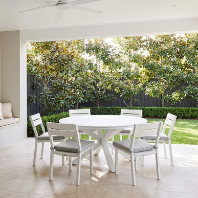 Hugo 1.5m Outdoor Round Aluminium and Ceramic Table with 6 Santorini Armless Dining Chairs