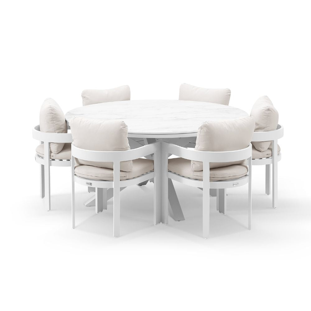Hugo 1.5m Outdoor Round Aluminium and Ceramic Table with 6 Marlo Dining Chairs