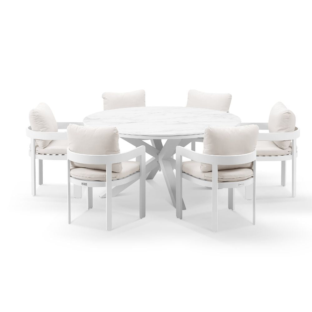 Hugo 1.5m Outdoor Round Aluminium and Ceramic Table with 6 Marlo Dining Chairs