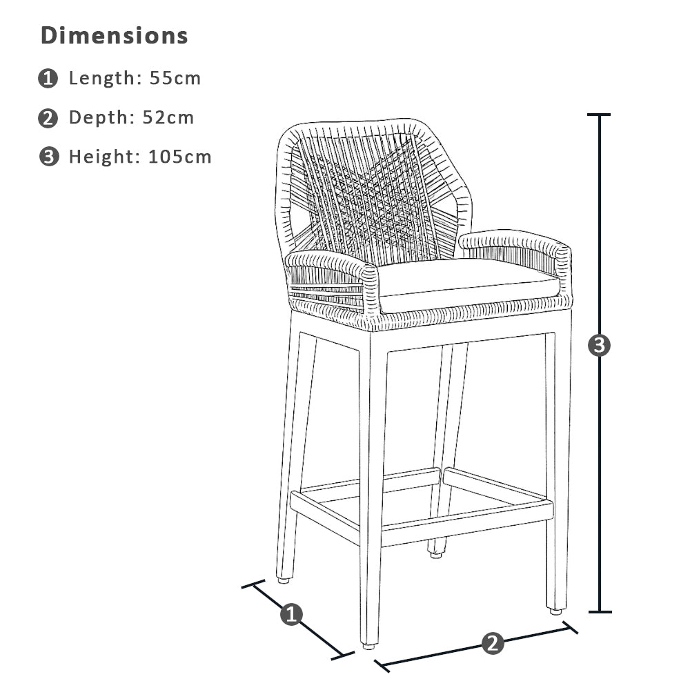 Hugo Outdoor Ceramic 2m Rectangle Aluminium Bar Table with 6x Hugo Rope Bar Stools