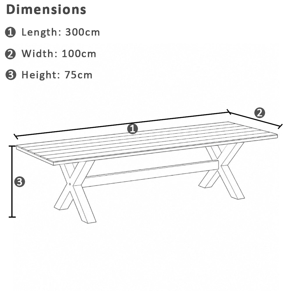 Kansas 3m Outdoor Teak Timber and Aluminium Dining Table with 10 Hugo Rope Chairs