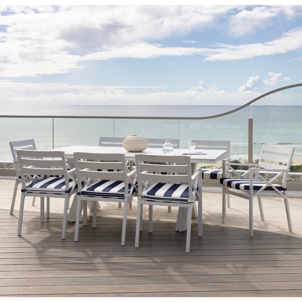Kansas Outdoor Ceramic 2m Aluminium Dining Table with 8 Chairs Setting