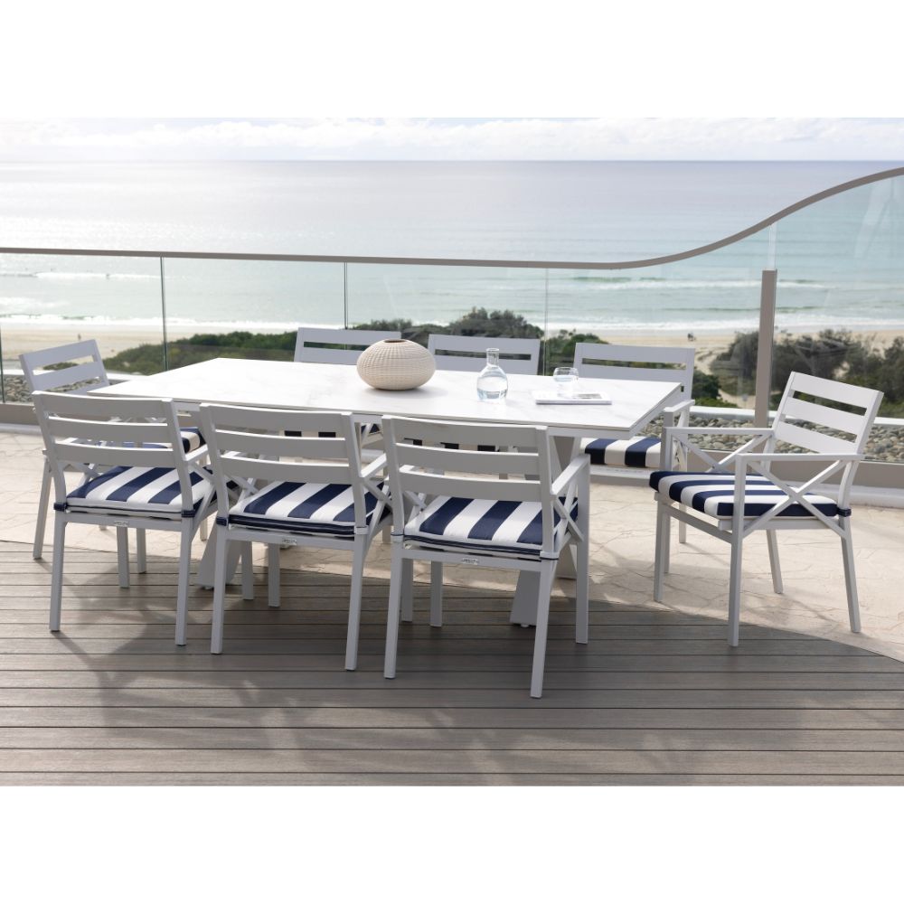 Kansas Outdoor Ceramic 2m Aluminium Dining Table with 8 Chairs Setting