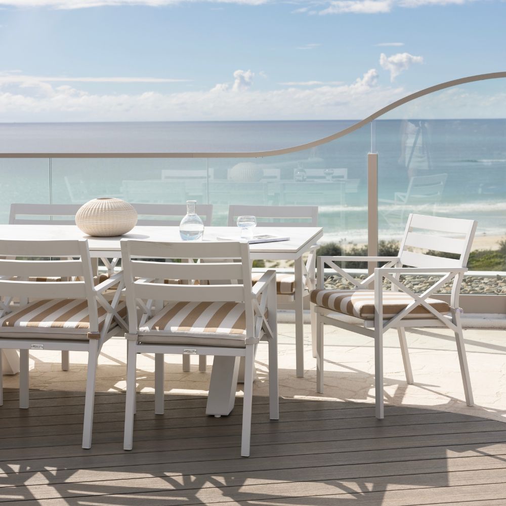 Kansas Outdoor Ceramic 3m Aluminium Dining Table with 10 Chairs Setting in Sunbrella