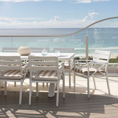 Kansas Outdoor Ceramic 3m Aluminium Dining Table with 10 Chairs Setting in Sunbrella