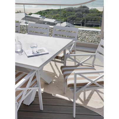 Kansas Outdoor Ceramic 3m Aluminium Dining Table with 10 Chairs Setting in Sunbrella