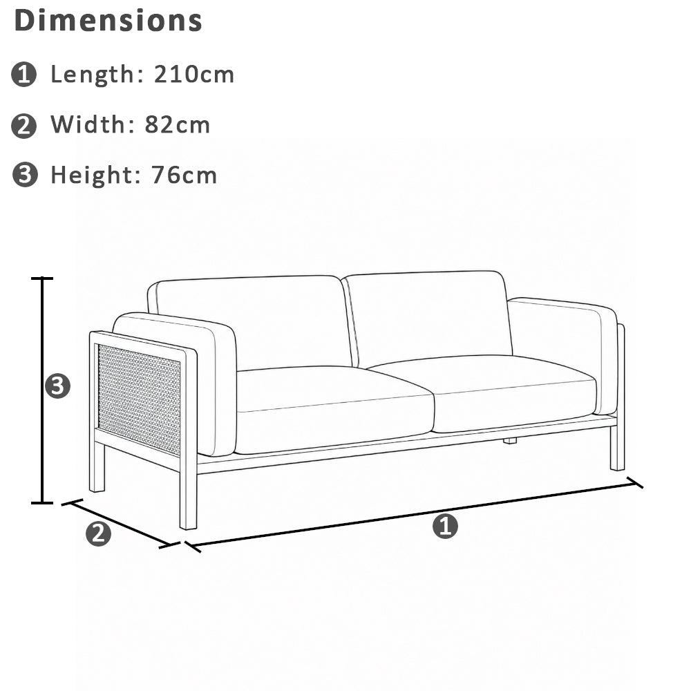 Killara Indoor Cream Boucle Couch Fabric and Timber 3 Seat Rattan Lounge Sofa