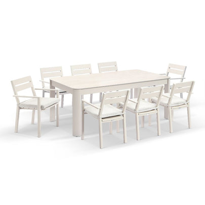 Malibu 2.2m Outdoor Aluminium and Ceramic Dining Table with 8 Santorini Chairs