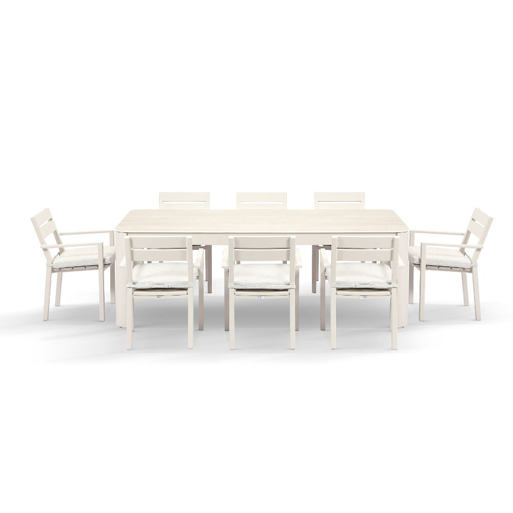 Malibu 2.2m Outdoor Aluminium and Ceramic Dining Table with 8 Santorini Chairs
