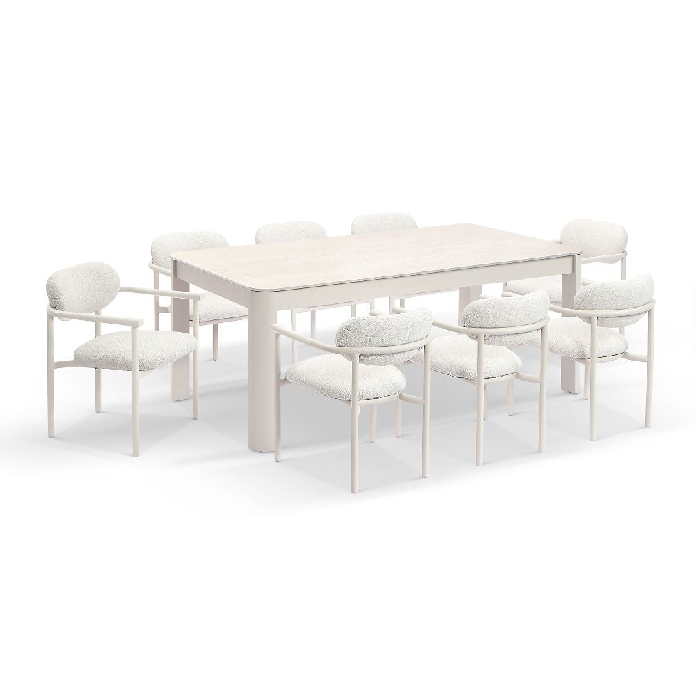 Malibu 2.2m Outdoor Aluminium and Ceramic Dining Table with 8 Aria Chairs