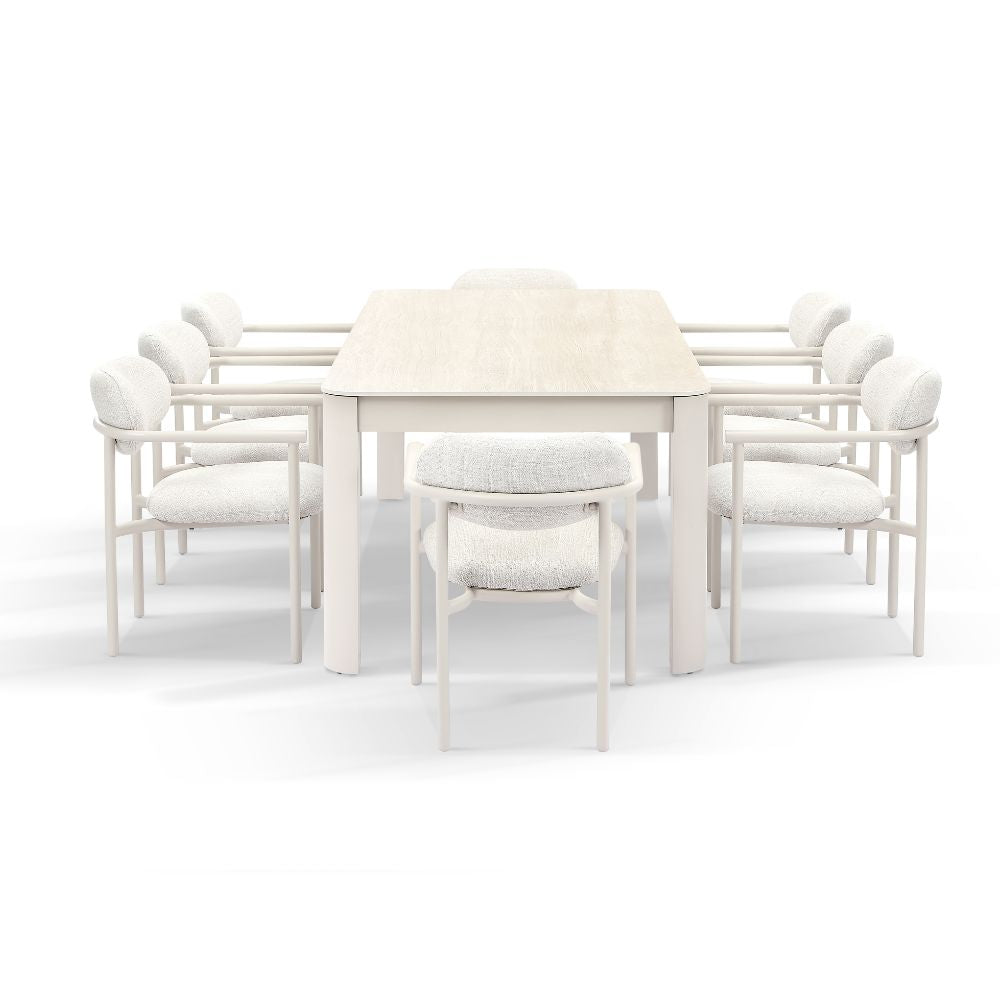 Malibu 2.2m Outdoor Aluminium and Ceramic Dining Table with 8 Aria Chairs