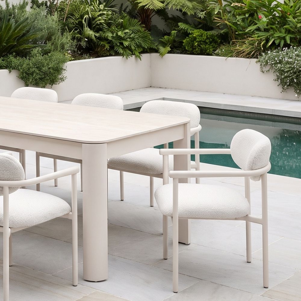 Malibu 2.2m Outdoor Aluminium and Ceramic Dining Table with 8 Aria Chairs