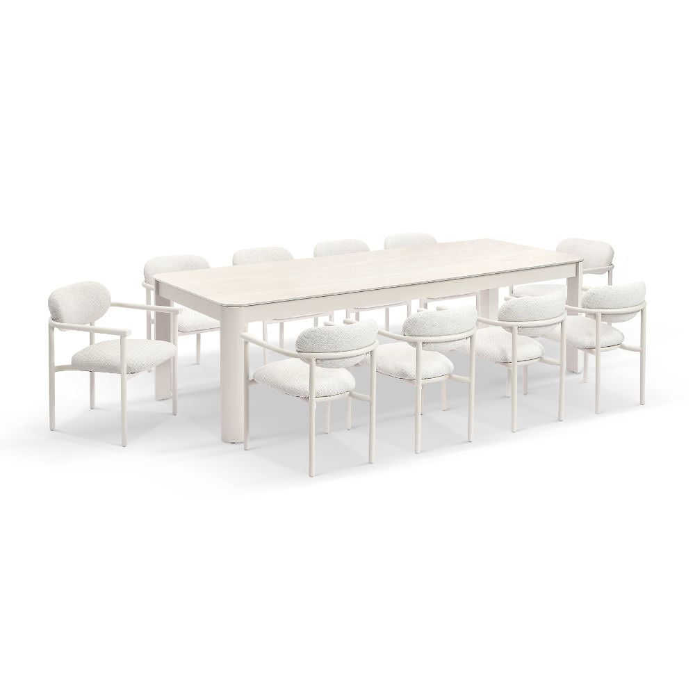 Malibu 2.65m Outdoor Aluminium and Ceramic Dining Table with 10 Aria Chairs